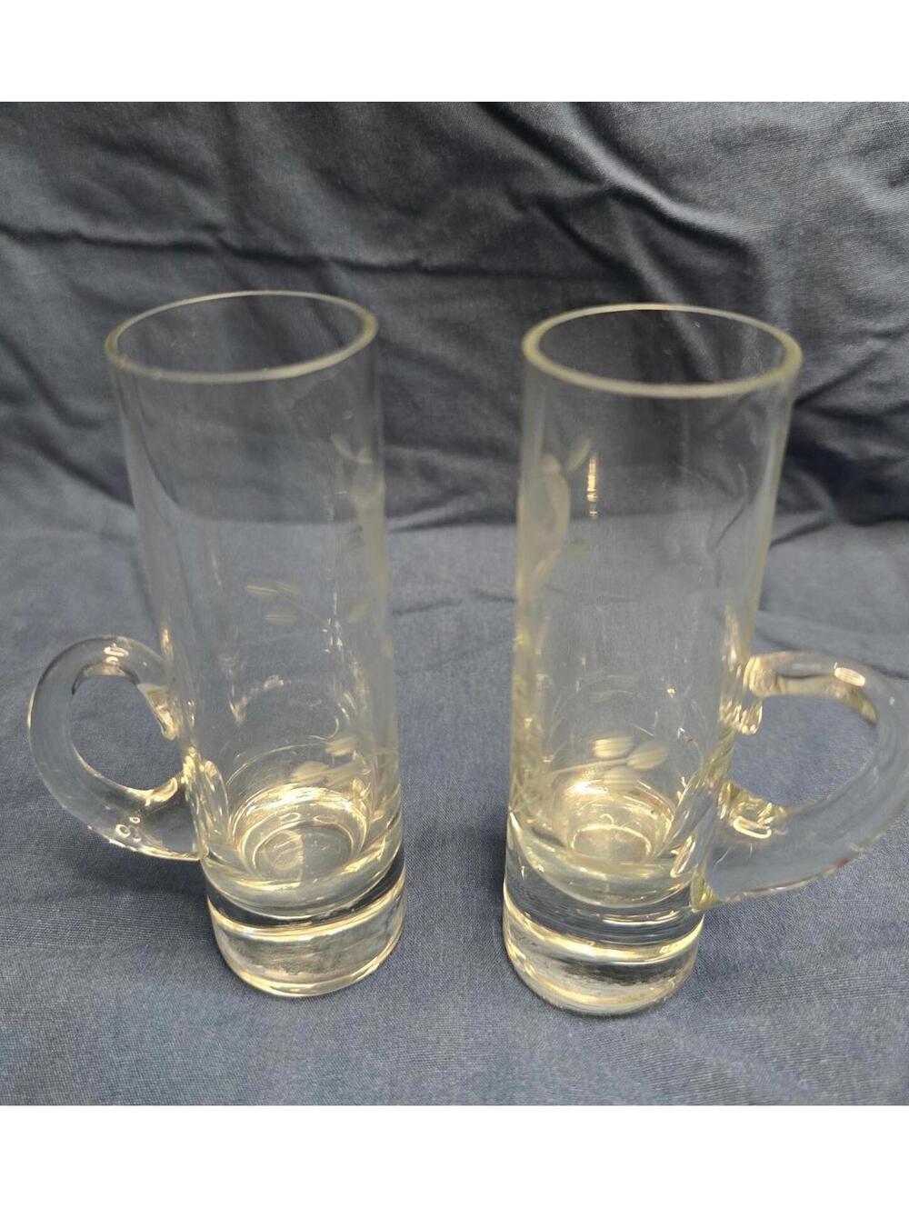 Vintage Pair 4 1/2" Glasses With Handles Etched Rose Floral Pattern